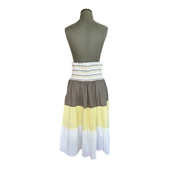 Women’s Skirt Color Block Grey Yellow White Cotton Ruffled Pull On Midi Skirt - Picture 3 of 5